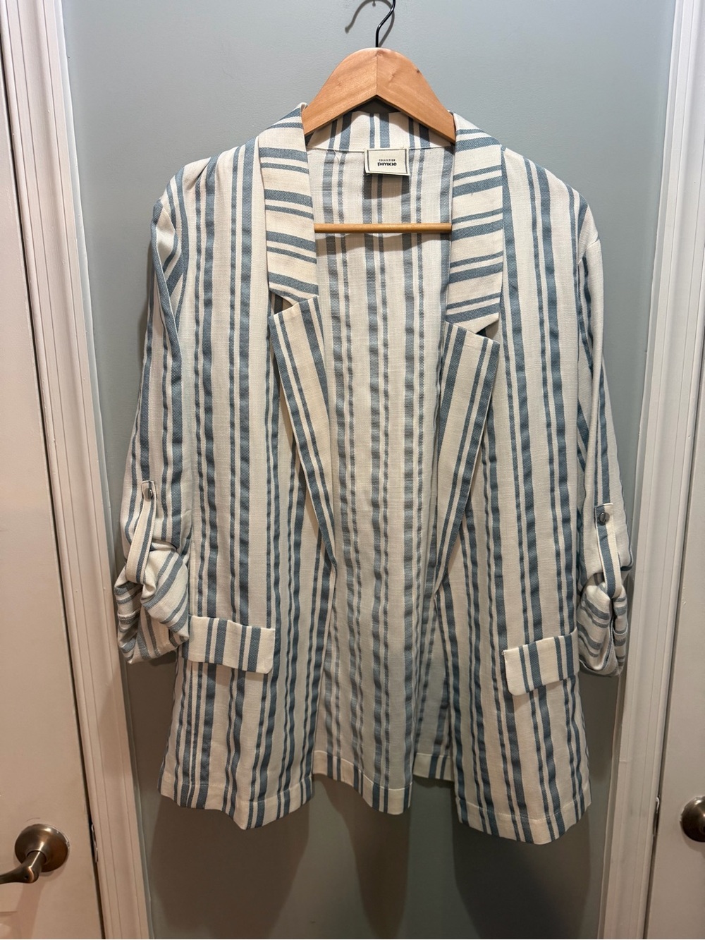 Pimkie Collection Blue Ivory Striped Open Front Blazer Roll Tab Sleeve Jacket